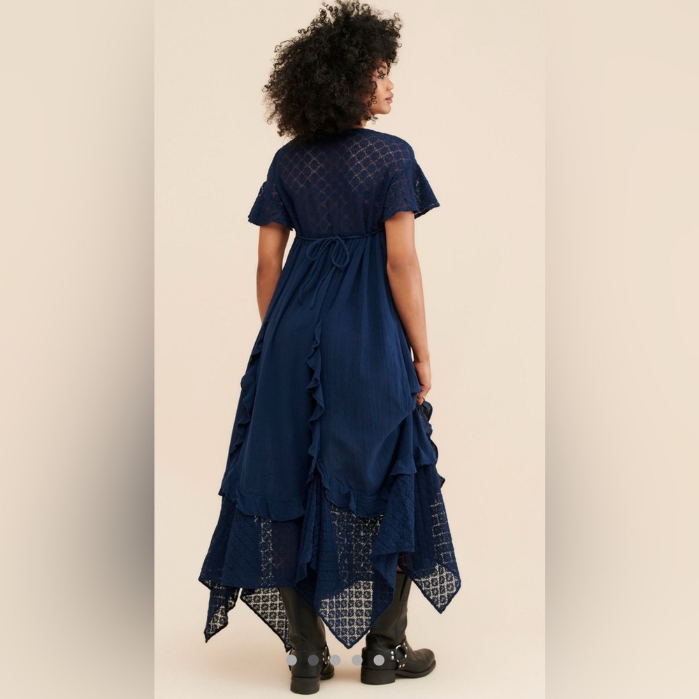 Free People Bring the Romance Navy Maxi Dress, Ruffle Trim, lace bust and hem - Picture 2 of 10